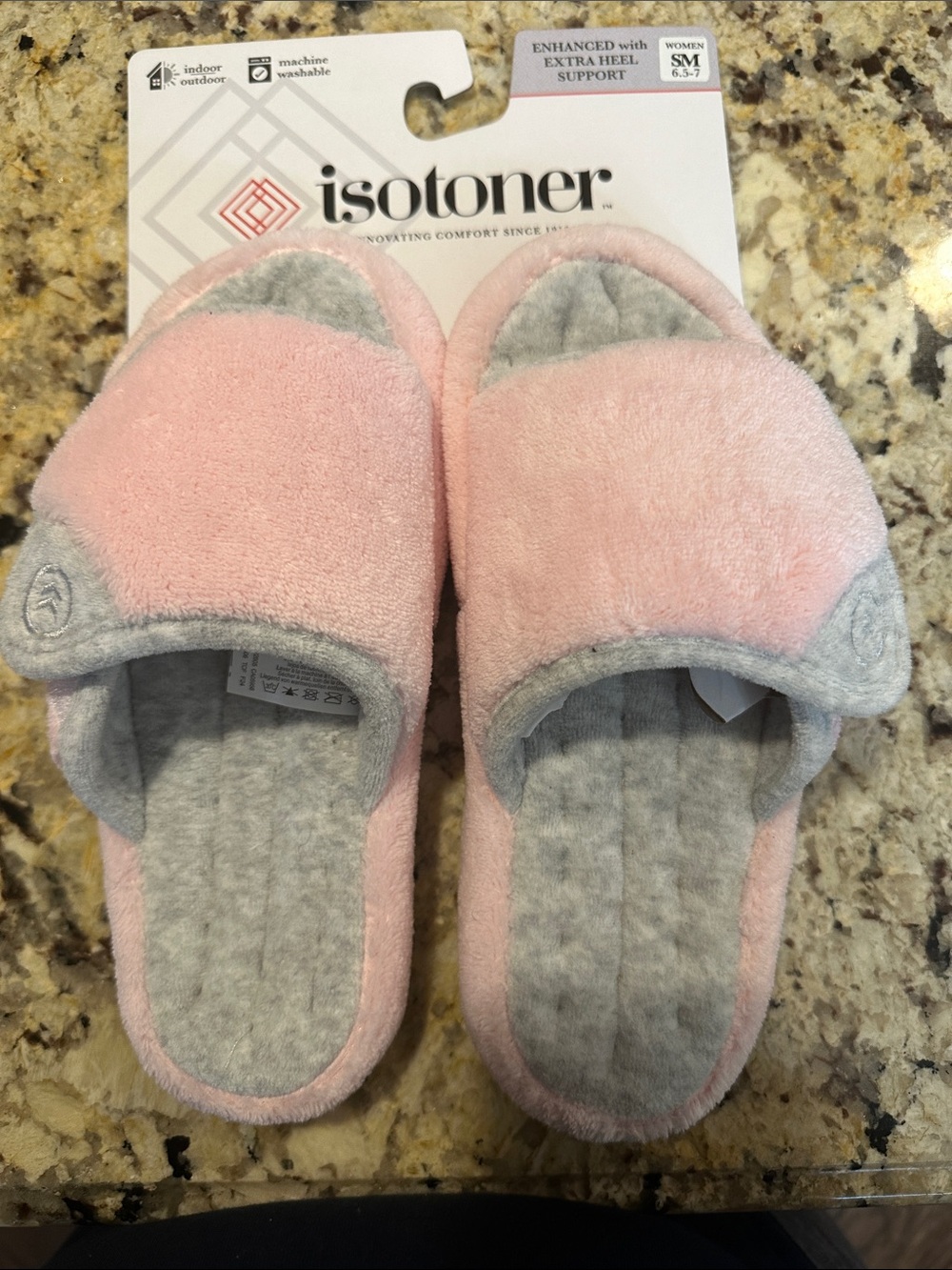 isotoner Pink and Gray Plush Open-Back Slide Slippers